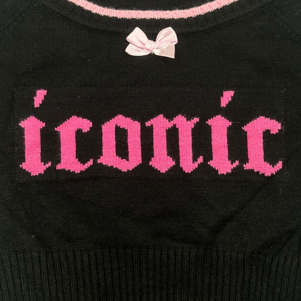 Y2K Paris Hilton Graphic Crop Sweater Bow Detail Black Pink S - Picture 4 of 12